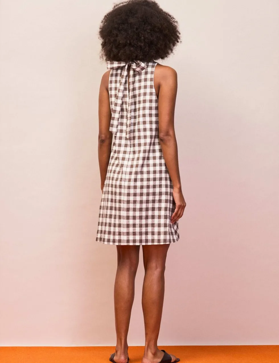 Linen Blend Gingham Cowl Neck Mini Shift Dress
