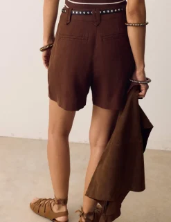 Linen Blend High Waisted Pleat Front Shorts