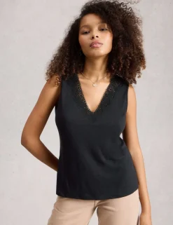 Linen Blend Lace Trim V-Neck Vest Top
