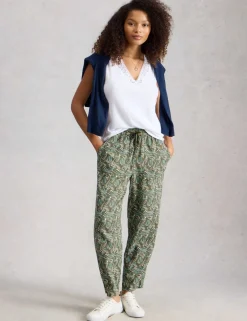 Linen Blend Leaf Print Tapered Trousers