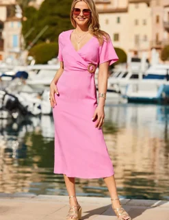 Linen Blend Midi Wrap Dress