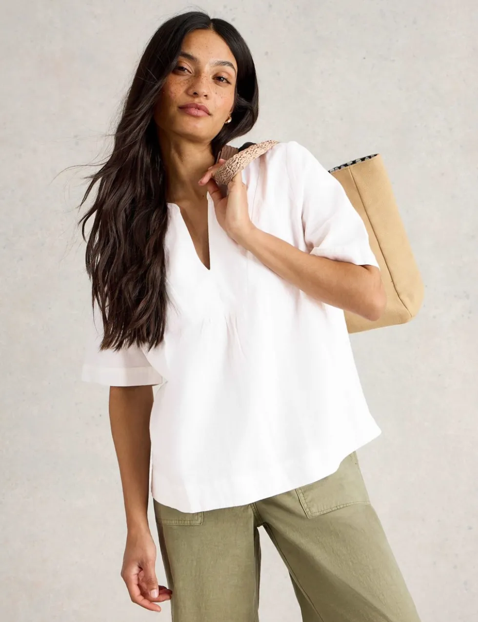 Linen Blend Notch Neck Top