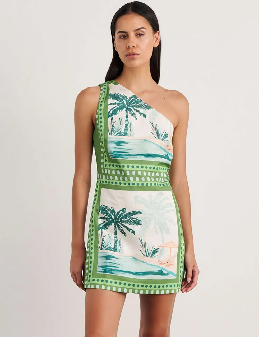 Linen Blend One Shoulder Mini Dress