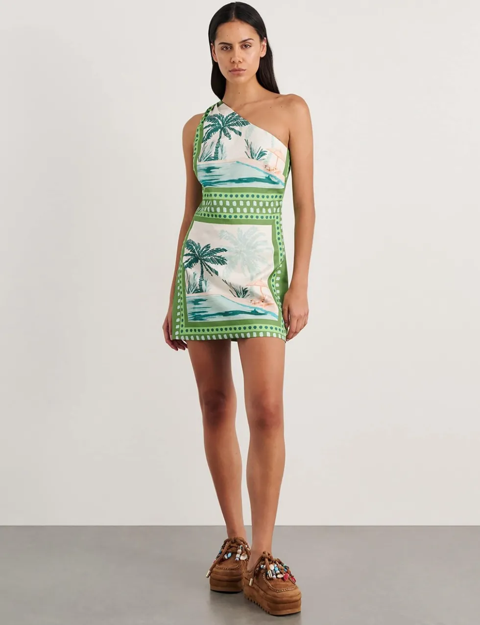 Linen Blend One Shoulder Mini Dress
