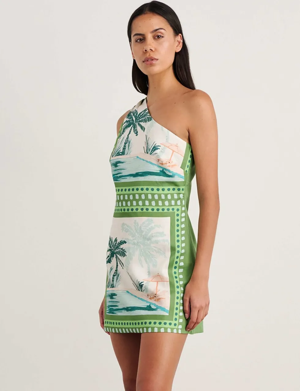Linen Blend One Shoulder Mini Dress