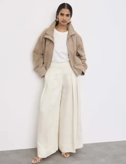 Linen Blend Pleat Front Wide Leg Trousers