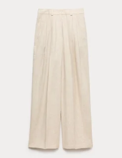 Linen Blend Pleat Front Wide Leg Trousers