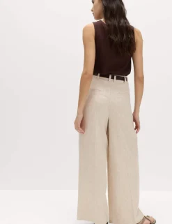Linen Blend Pleat Front Wide Leg Trousers