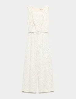 Linen Blend Printed Belted Jumpsuit
