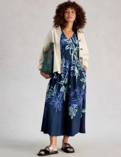 Linen Blend Printed Midi Skater Dress
