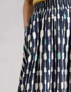 Linen Blend Printed Midi A-Line Skirt