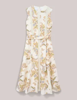 Linen Blend Printed Midi Skater Dress