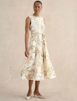 Linen Blend Printed Midi Skater Dress