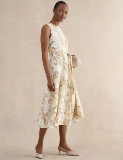 Linen Blend Printed Midi Skater Dress