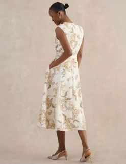 Linen Blend Printed Midi Skater Dress