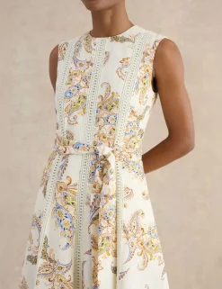 Linen Blend Printed Midi Skater Dress