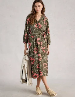 Linen Blend Printed Midi Tea Dress
