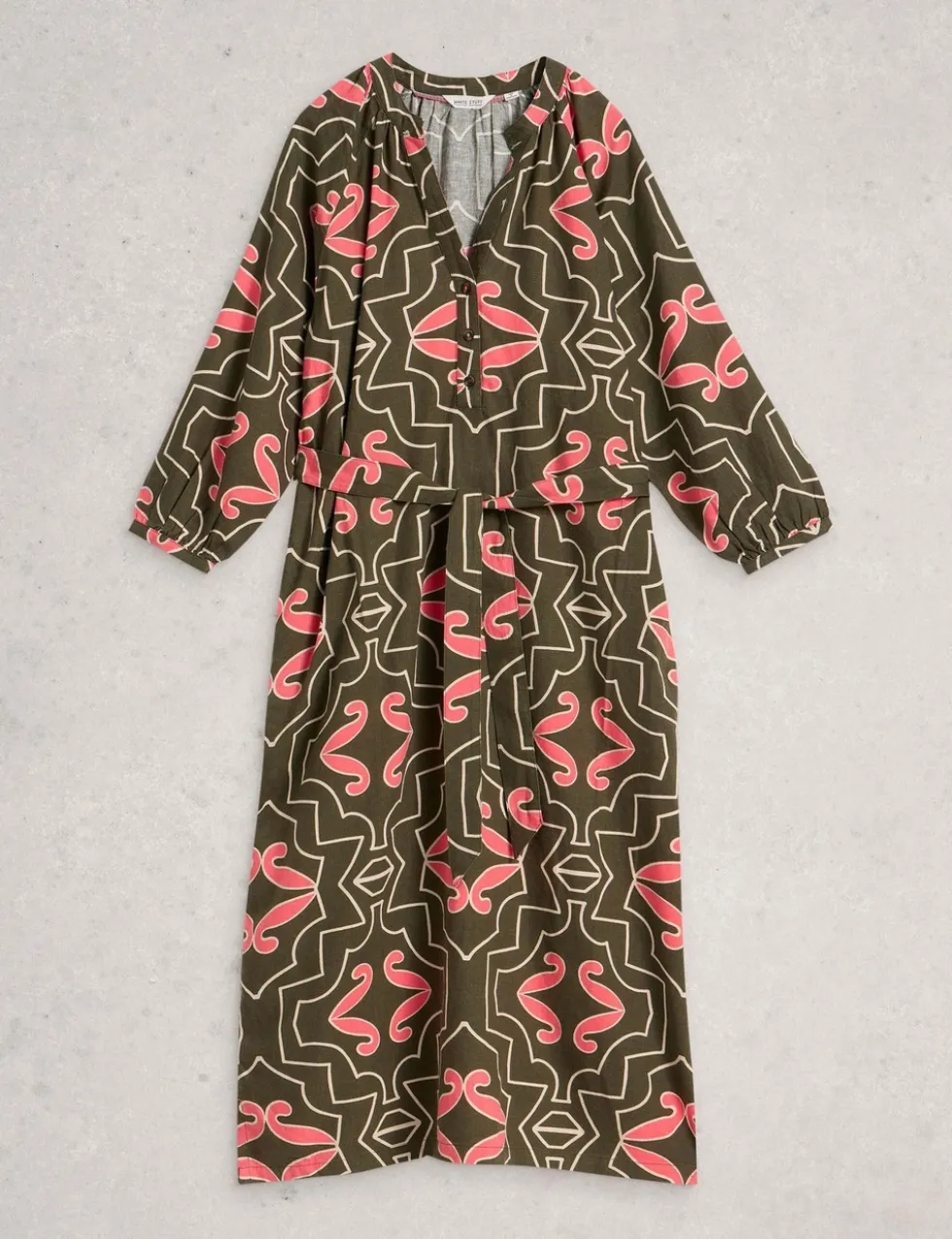 Linen Blend Printed Midi Tea Dress