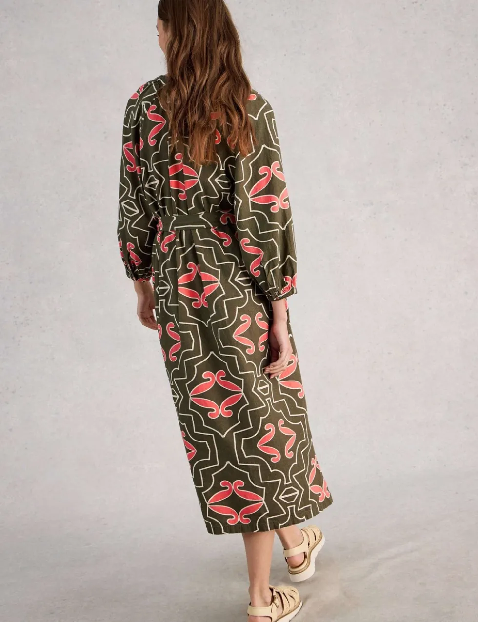 Linen Blend Printed Midi Tea Dress