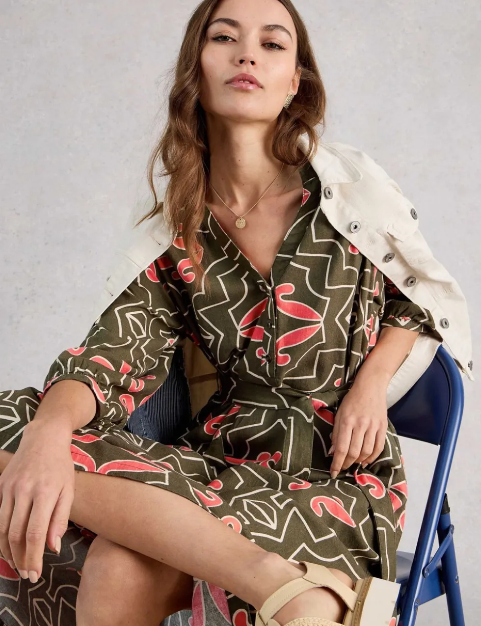 Linen Blend Printed Midi Tea Dress