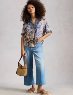 Linen Blend Printed Notch Neck Blouse