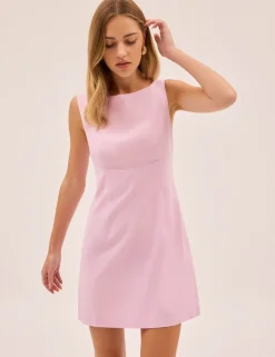 Linen Blend Round Neck Mini Shift Dress