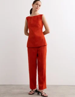 Linen Blend Scoop Back Shell Top with Wool
