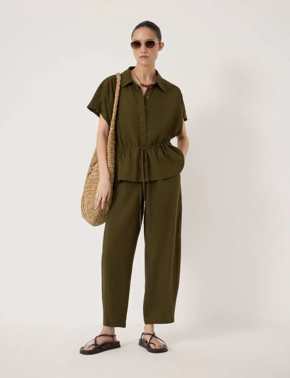Linen Blend Short Sleeve Waisted Shirt