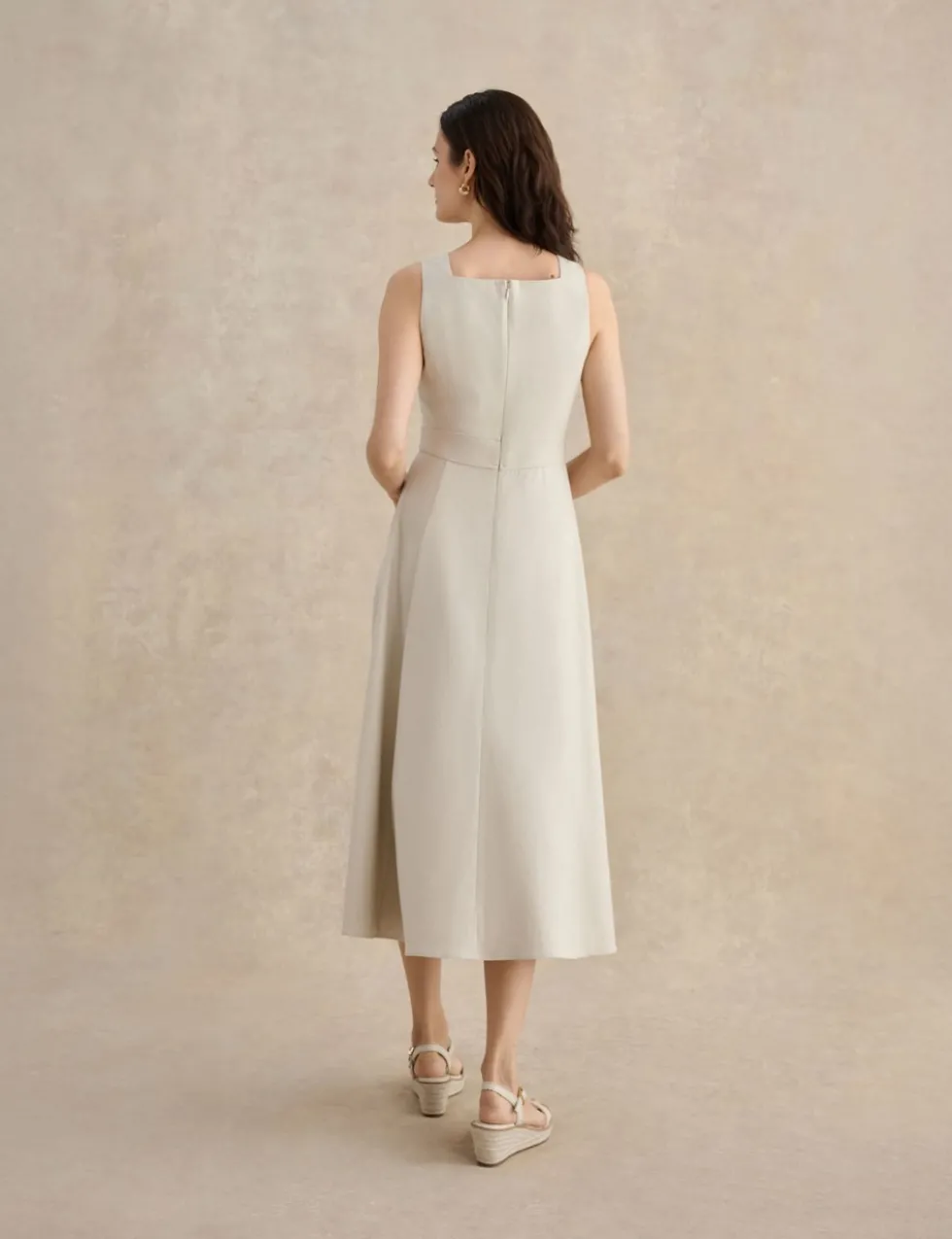 Linen Blend Square Neck Midi Skater Dress
