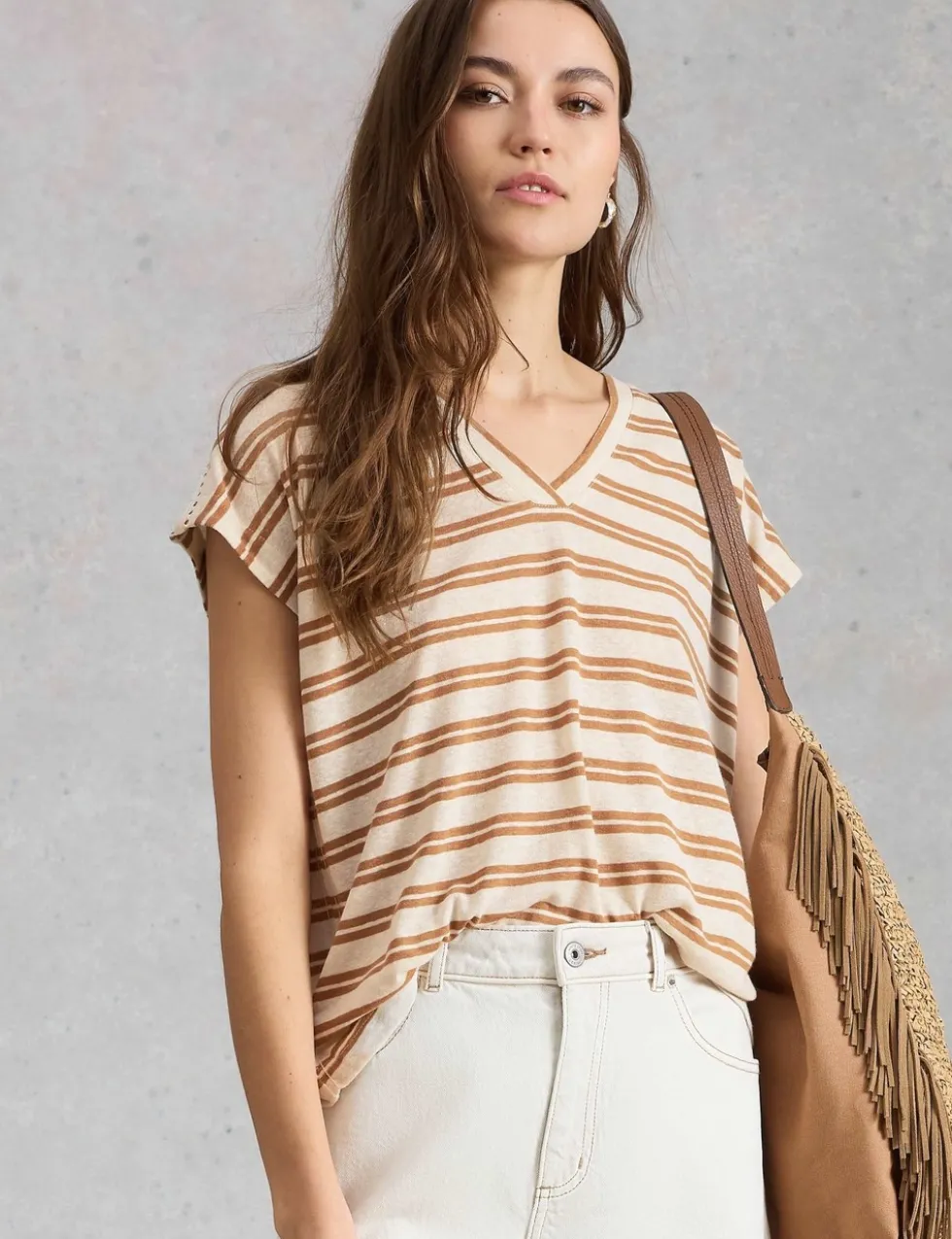 Linen Blend Striped Lace Insert T-Shirt
