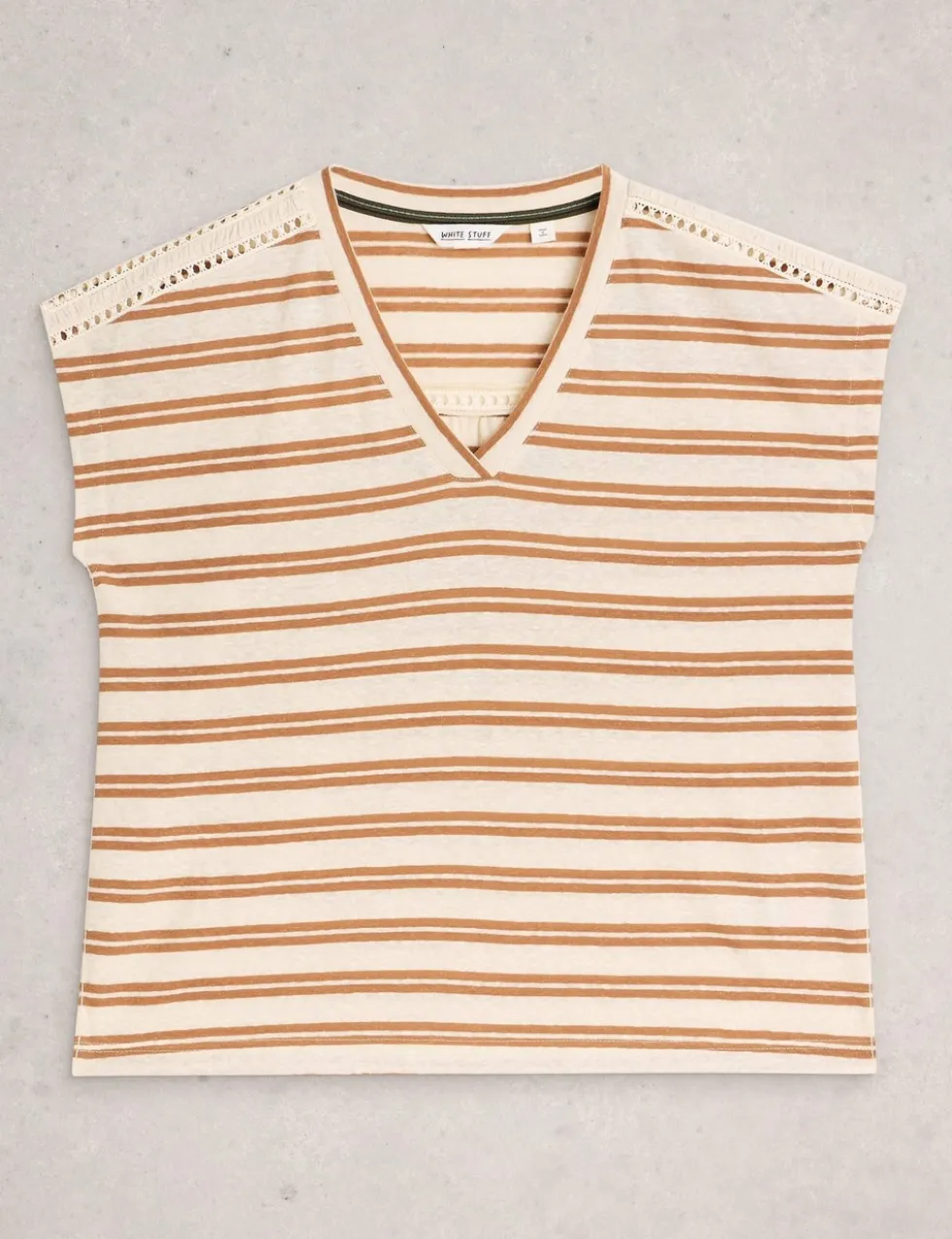 Linen Blend Striped Lace Insert T-Shirt