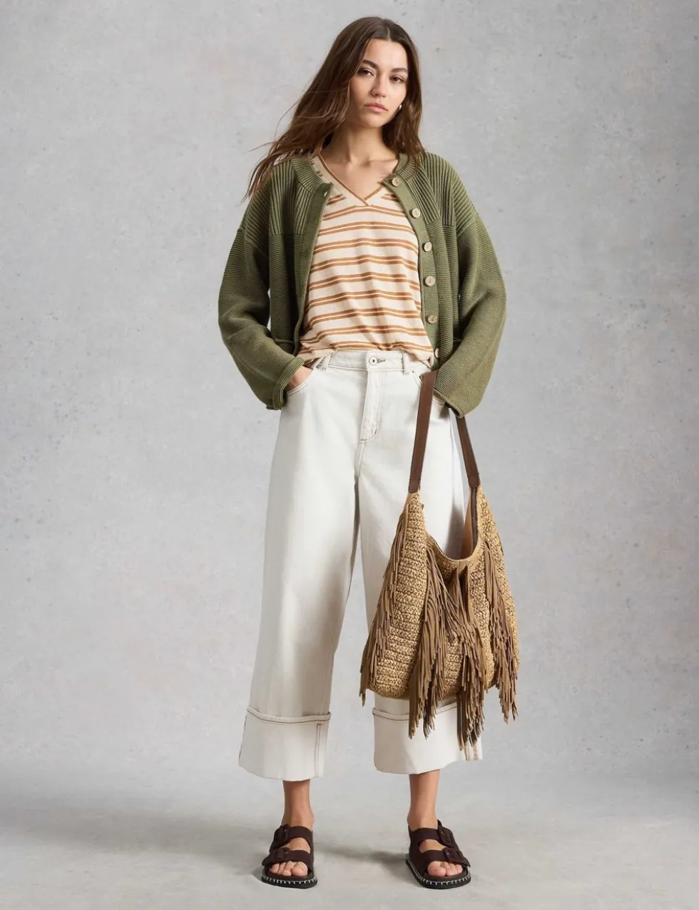 Linen Blend Striped Lace Insert T-Shirt