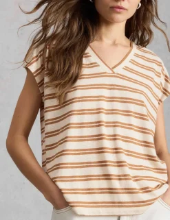 Linen Blend Striped Lace Insert T-Shirt
