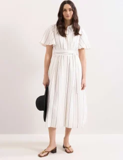 Linen Blend Striped Midi Shirt Dress