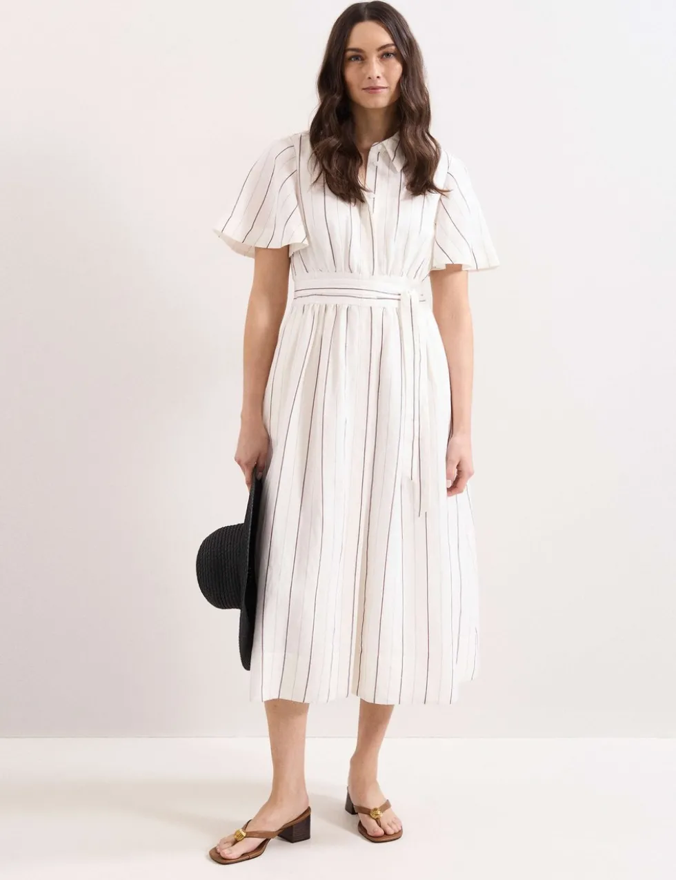 Linen Blend Striped Midi Shirt Dress