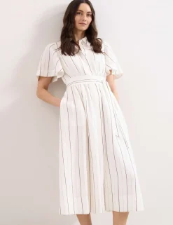 Linen Blend Striped Midi Shirt Dress