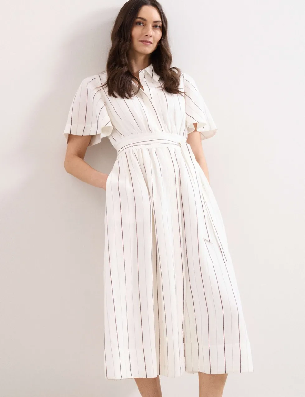 Linen Blend Striped Midi Shirt Dress
