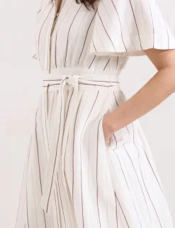 Linen Blend Striped Midi Shirt Dress