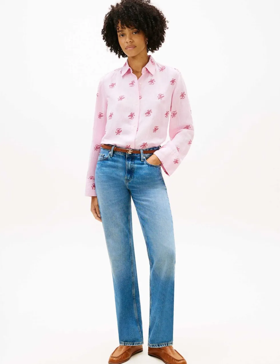 Linen Blend Striped Monogram Collared Shirt