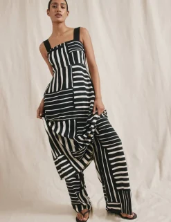 Linen Blend Striped Wide Leg Trousers