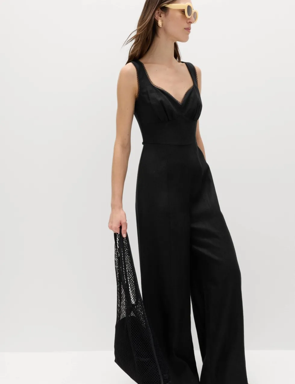 Linen Blend Tie Detail Waisted Jumpsuit