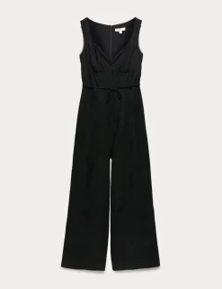 Linen Blend Tie Detail Waisted Jumpsuit