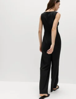 Linen Blend Tie Detail Waisted Jumpsuit