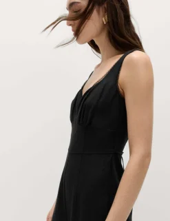 Linen Blend Tie Detail Waisted Jumpsuit