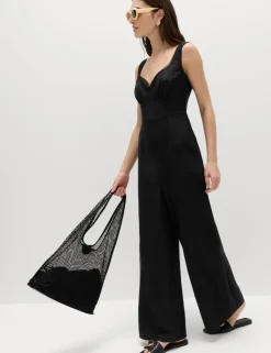 Linen Blend Tie Detail Waisted Jumpsuit