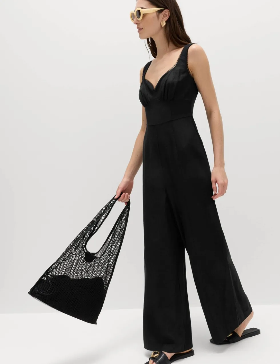 Linen Blend Tie Detail Waisted Jumpsuit