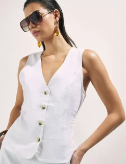Linen Blend V-Neck Button Through Waistcoat