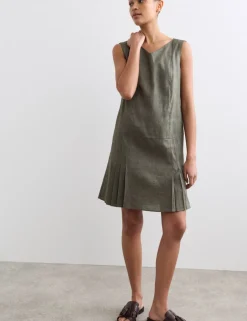 Linen Blend V-Neck Knee Length Shift Dress