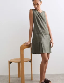 Linen Blend V-Neck Knee Length Shift Dress