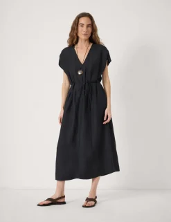 Linen Blend V-Neck Midi Waisted Dress